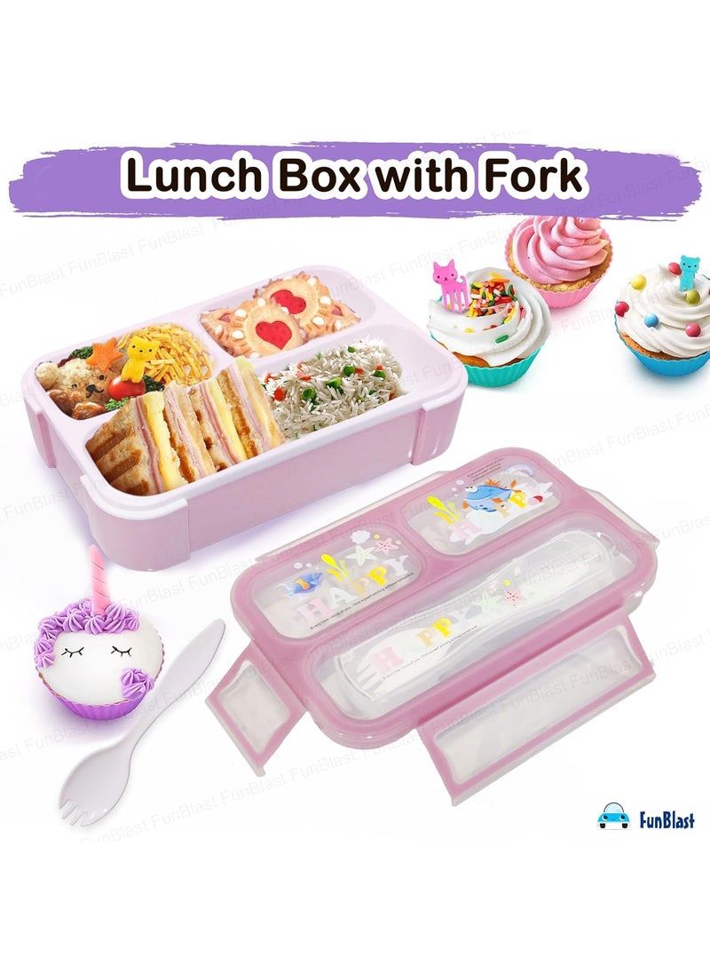 FunBlast Lunch Box for Kids – Lunch Box for School Kids, Airtight Leak-Proof Tiffin Box, Lunch Box with Fork, Plastic Microwave Safe Tiffin Box with 3 Small Compartment, Bento Box (Pink)