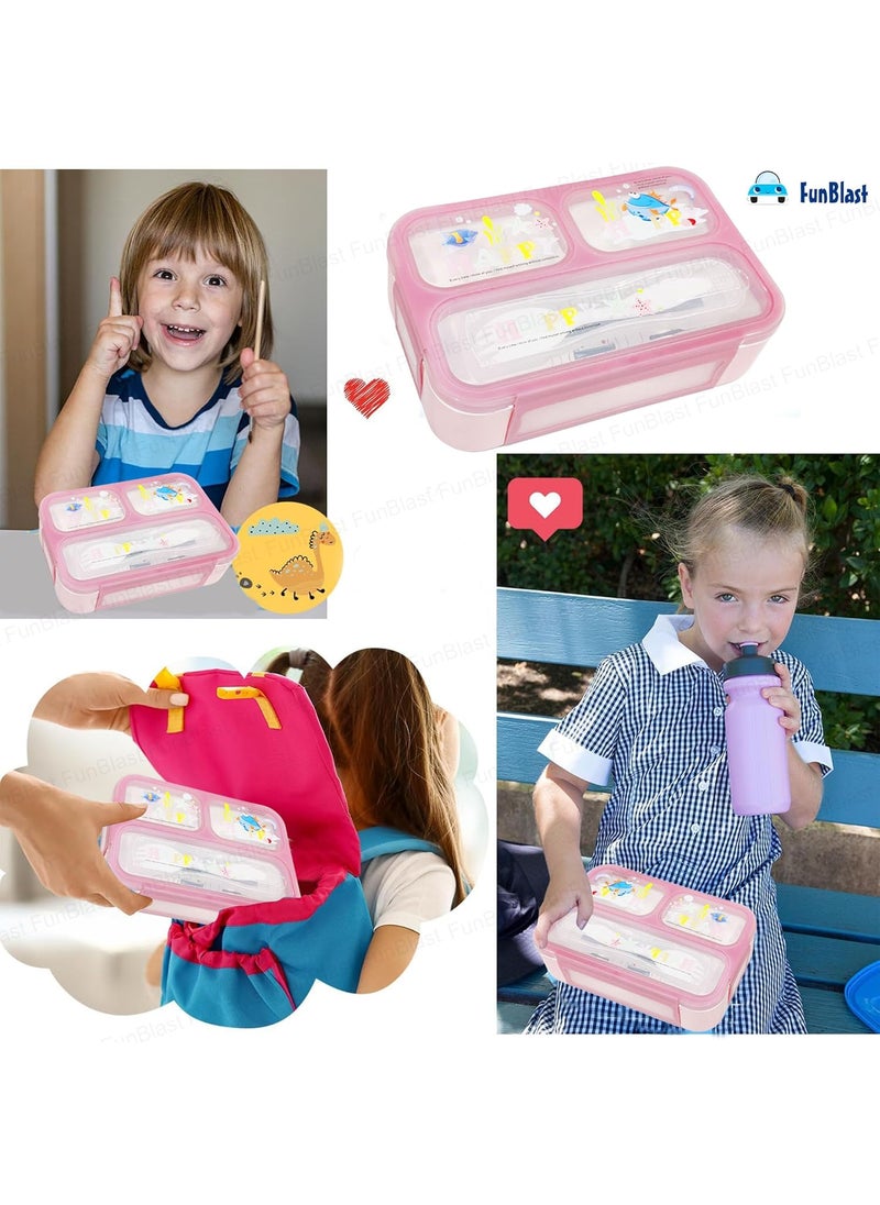 FunBlast Lunch Box for Kids – Lunch Box for School Kids, Airtight Leak-Proof Tiffin Box, Lunch Box with Fork, Plastic Microwave Safe Tiffin Box with 3 Small Compartment, Bento Box (Pink)
