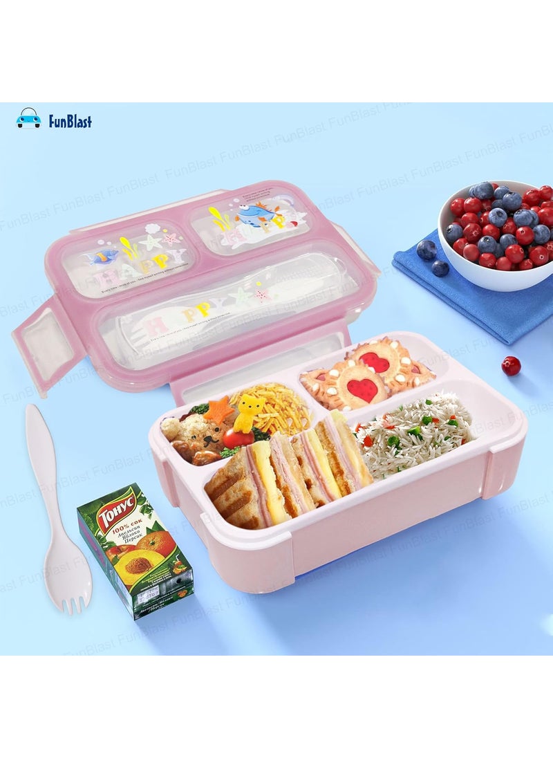 FunBlast Lunch Box for Kids – Lunch Box for School Kids, Airtight Leak-Proof Tiffin Box, Lunch Box with Fork, Plastic Microwave Safe Tiffin Box with 3 Small Compartment, Bento Box (Pink)