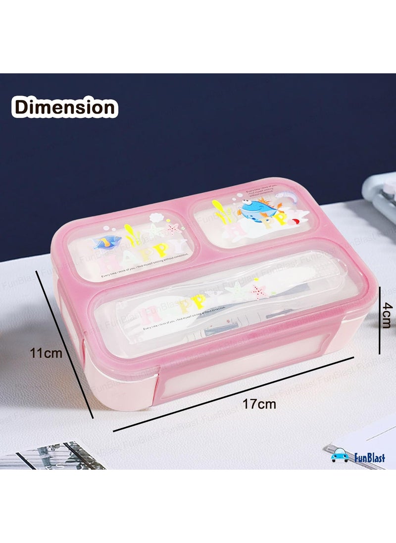 FunBlast Lunch Box for Kids – Lunch Box for School Kids, Airtight Leak-Proof Tiffin Box, Lunch Box with Fork, Plastic Microwave Safe Tiffin Box with 3 Small Compartment, Bento Box (Pink)