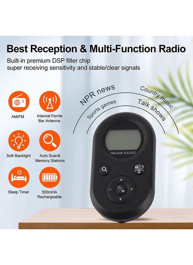 Pocket Radio Black with Backlight Rechargeable LCD Display 500mAh Portable AM FM Pocket Radio