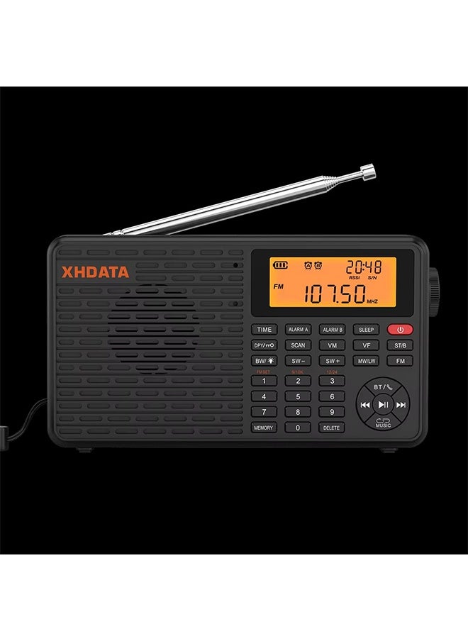 XHDATA D-109 Stereo Digital Portable Radio AM SW MW FM Radio Bluetooth Compatible Multifunctional Radio Support TF Card Player