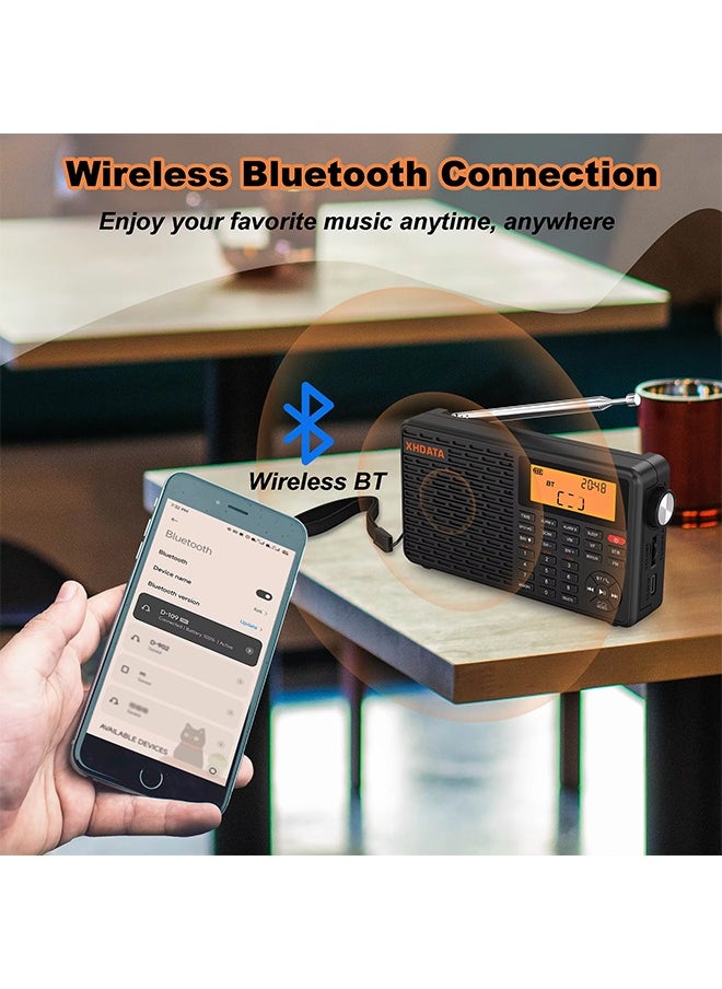XHDATA D-109 Stereo Digital Portable Radio AM SW MW FM Radio Bluetooth Compatible Multifunctional Radio Support TF Card Player