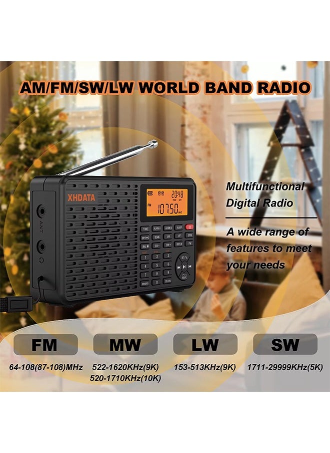 XHDATA D-109 Stereo Digital Portable Radio AM SW MW FM Radio Bluetooth Compatible Multifunctional Radio Support TF Card Player