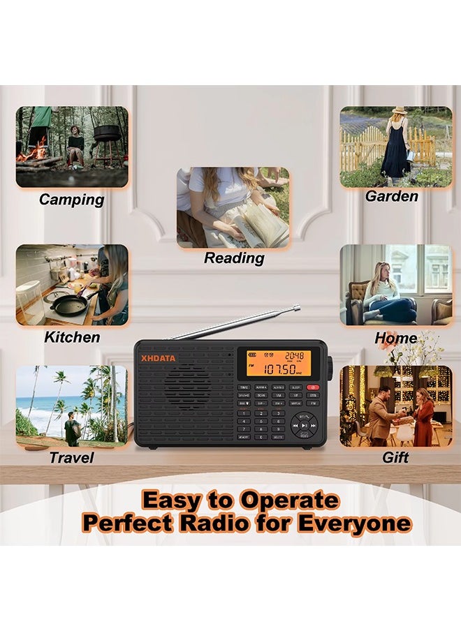 XHDATA D-109 Stereo Digital Portable Radio AM SW MW FM Radio Bluetooth Compatible Multifunctional Radio Support TF Card Player