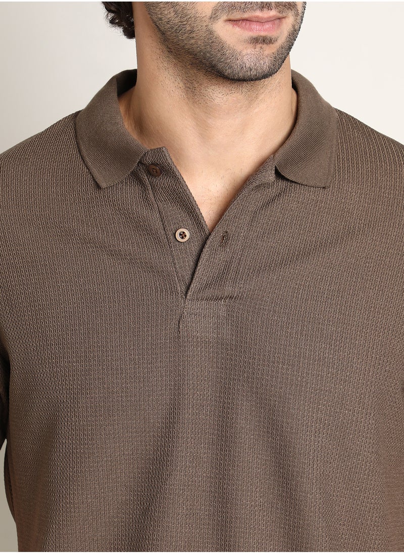 Men's Mocha Brown Chainlink-Ribbed Polo T-Shirt