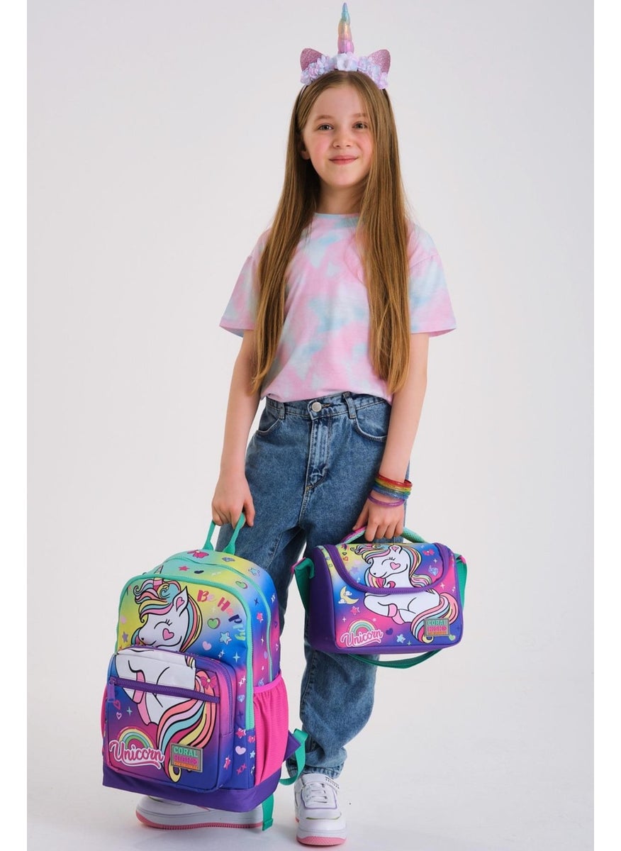 Kids Lavender Water Green Unicorn Patterned 3-Piece School Bag Set SET0123729