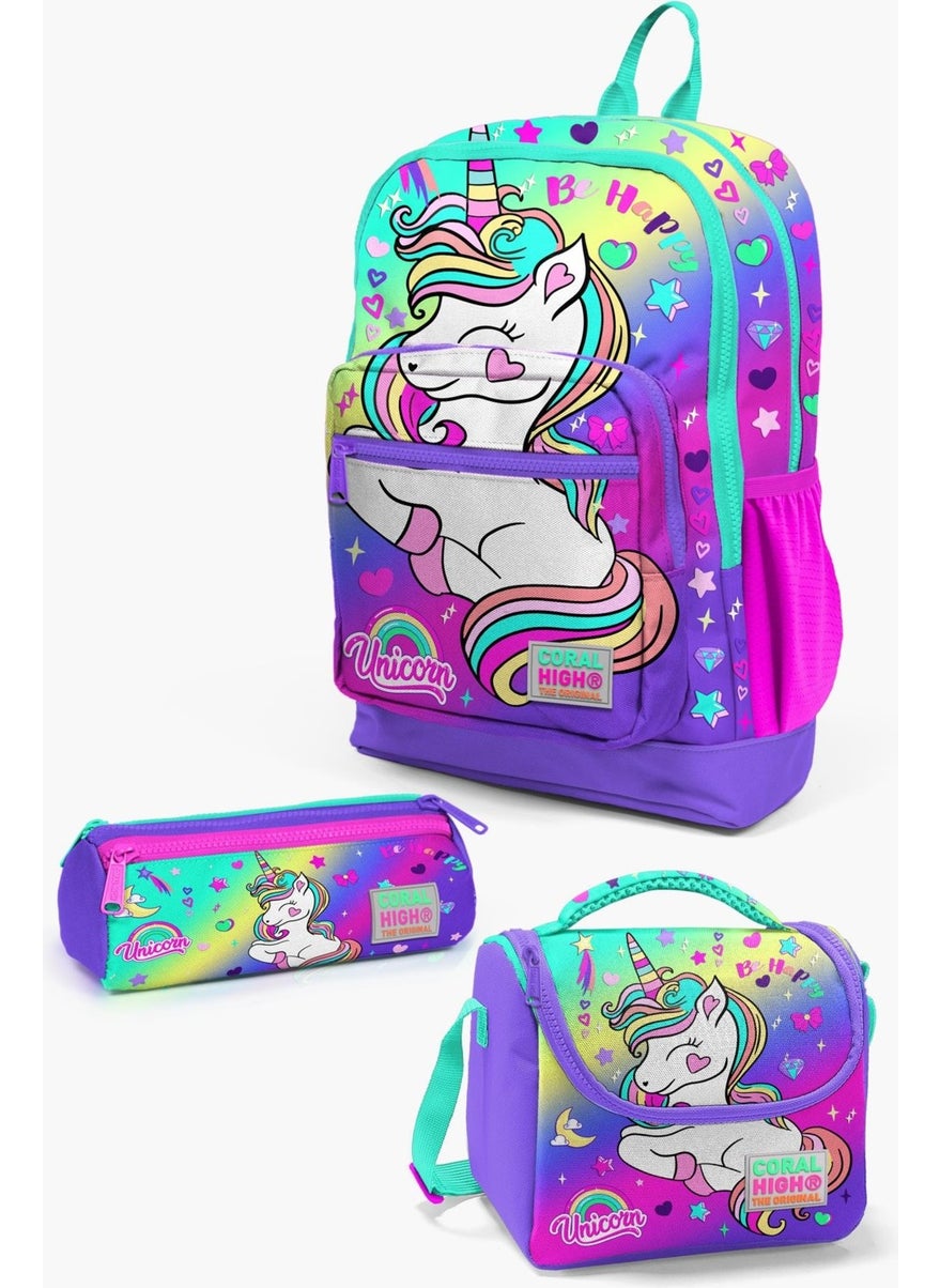 Kids Lavender Water Green Unicorn Patterned 3-Piece School Bag Set SET0123729