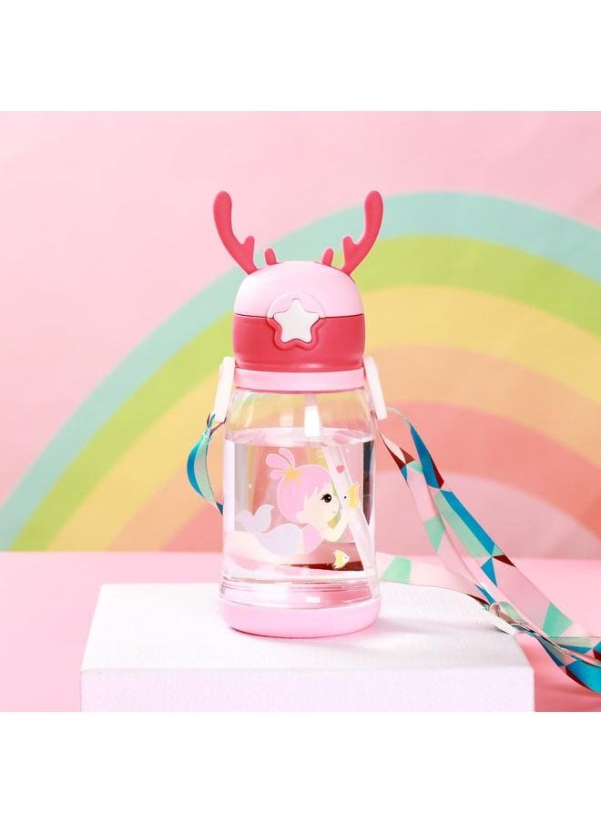 600ml Antler Shaped Water Bottle Cartoon Kids Water Bottle with Straw Portable Water Cup for Children Pink Fish