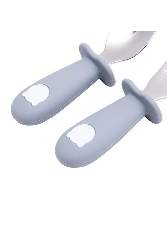 Toddler Stainless Steel Forks and Spoons Set Food Grade Cute Simple Silicone Toddler Safe Utensils Set A7# Gray