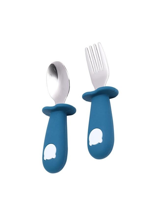 Toddler Stainless Steel Forks and Spoons Set Food Grade Cute Simple Silicone Toddler Safe Utensils Set A10# Royal Blue