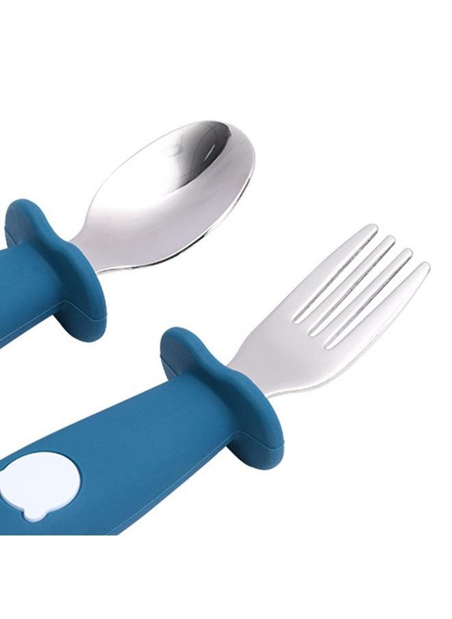 Toddler Stainless Steel Forks and Spoons Set Food Grade Cute Simple Silicone Toddler Safe Utensils Set A10# Royal Blue