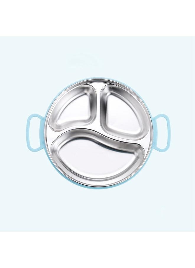 Children's Plate Stainless Steel Anti Scald Handle Compartment Divided Design Dinner Plate for Kindergarten Blue Children's Plate
