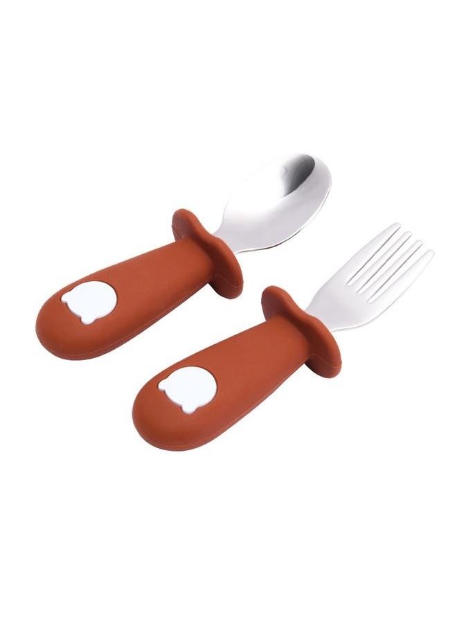 Toddler Stainless Steel Forks and Spoons Set Food Grade Cute Simple Silicone Toddler Safe Utensils Set A9# Dark Coffee