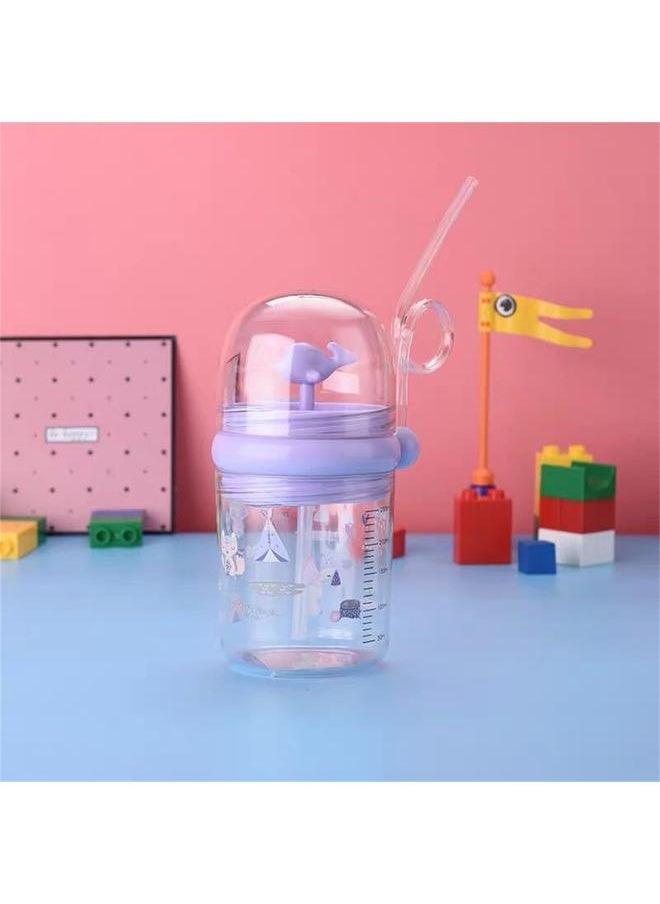 Whale Spray Water Bottle Infant Sippy Cup Summer Plastic Children's Water Cup with Straw(Purplr Strap )