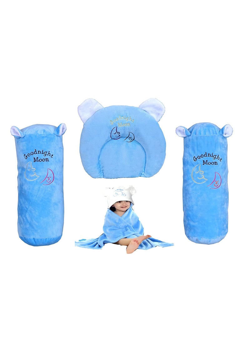 JigglyPoo Mustard Seeds Pillow for New Born Baby Head Shaping 012 MonthsInfantKids with 2 Matching bolsters and BlanketBlue