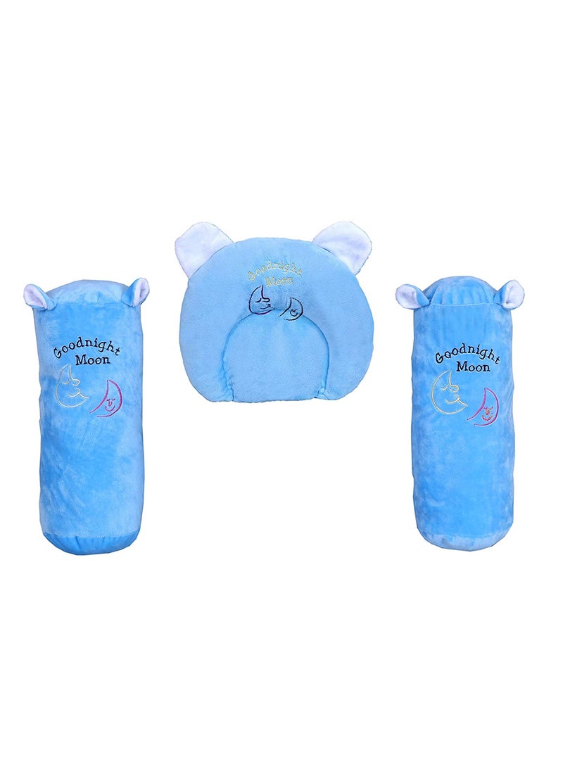 JigglyPoo Mustard Seeds Pillow for New Born Baby Head Shaping 012 MonthsInfantKids with 2 Matching bolsters and BlanketBlue