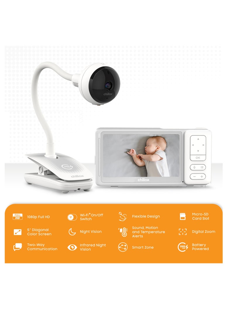 CHILLAX Giraffe Pro Portable Baby Monitor–Video Baby Monitor for Travel with Battery Base Stand,HD 1080p Camera and 5”Screen, Privacy Protection WiFi ON-Off Switch, Gooseneck Design, Night Vision
