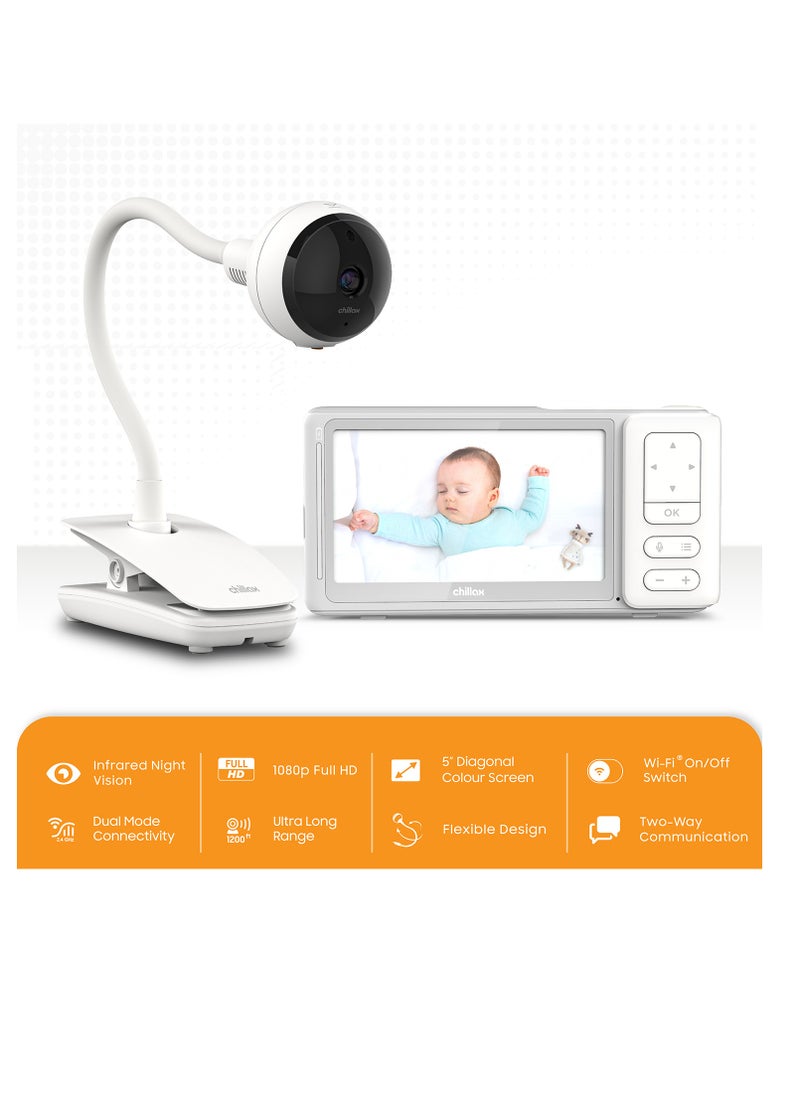 CHILLAX Giraffe Pro Max Baby Monitor - Video Baby Monitor with Full HD 1080p Camera and 5 Inch 720P Video Parent Unit, Privacy Protection Switch, Auto Dimming LED, Gooseneck, 2-Way Audio, Night Vision