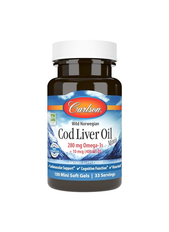 Cod Liver Oil Minis, 280 mg Omega-3s + Vitamins A & D3, Heart Support & Cognitive Function, Vision Health, 100 Mini Softgels