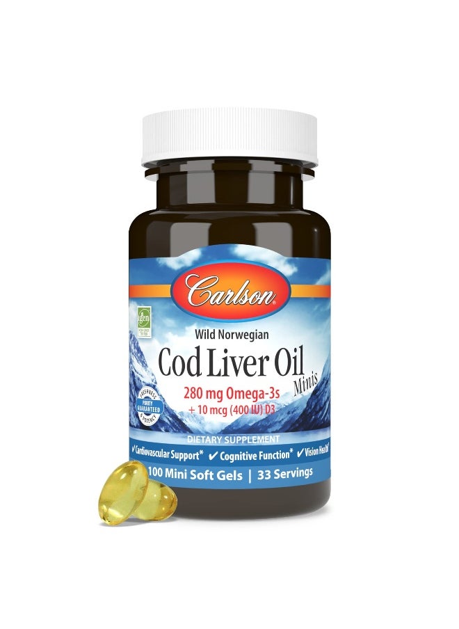 Cod Liver Oil Minis, 280 mg Omega-3s + Vitamins A & D3, Heart Support & Cognitive Function, Vision Health, 100 Mini Softgels