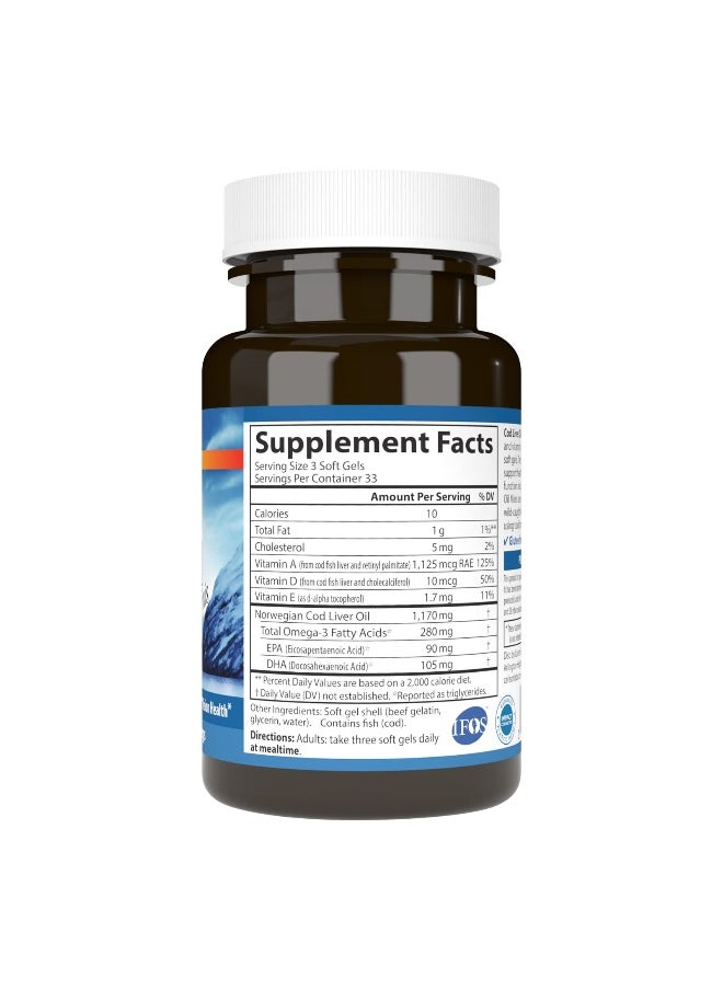 Cod Liver Oil Minis, 280 mg Omega-3s + Vitamins A & D3, Heart Support & Cognitive Function, Vision Health, 100 Mini Softgels
