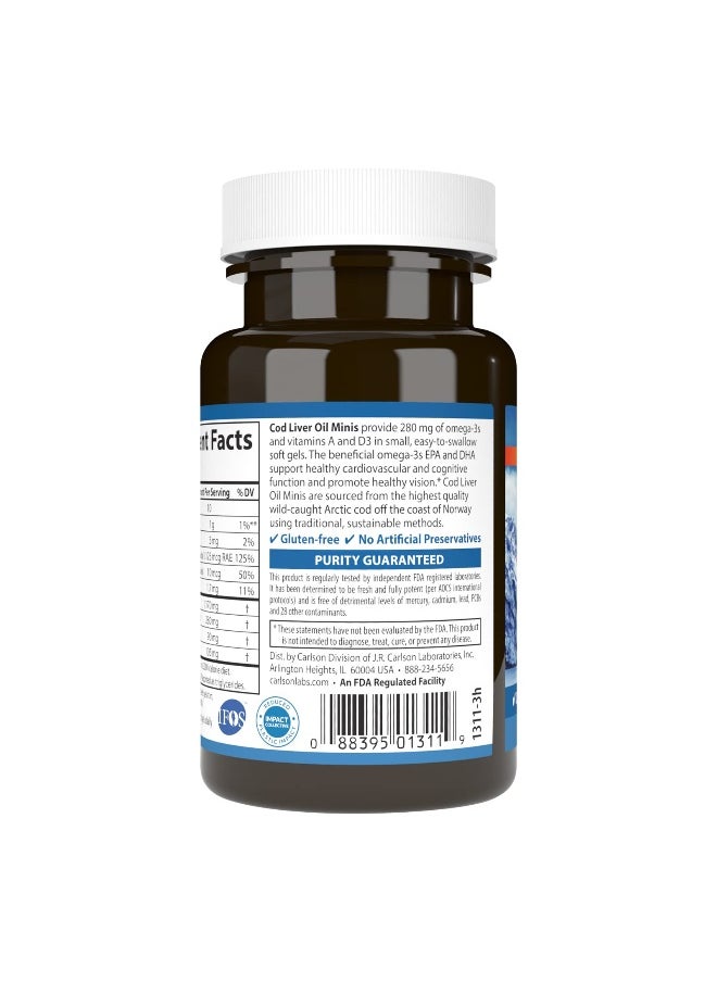 Cod Liver Oil Minis, 280 mg Omega-3s + Vitamins A & D3, Heart Support & Cognitive Function, Vision Health, 100 Mini Softgels