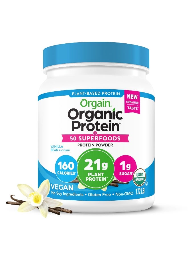 Organic Vegan Protein + 50 Superfoods Powder, Vanilla Bean - 21g Plant Based Protein, 8g Prebiotic Fiber, No Lactose Ingredients, Gluten Free, No Added Sugar, 1.12 lb (Packaging May Vary)
