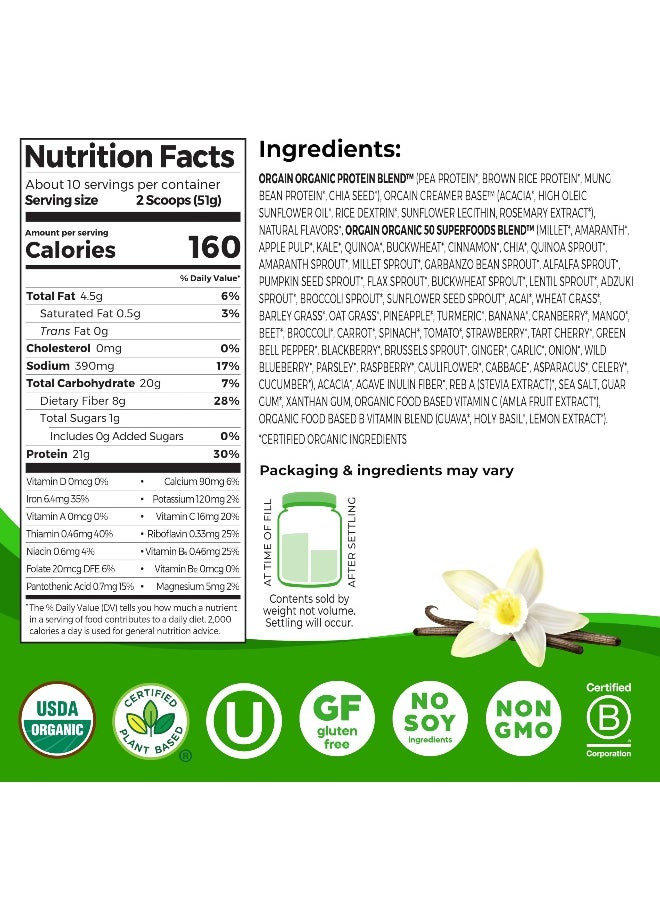 Organic Vegan Protein + 50 Superfoods Powder, Vanilla Bean - 21g Plant Based Protein, 8g Prebiotic Fiber, No Lactose Ingredients, Gluten Free, No Added Sugar, 1.12 lb (Packaging May Vary)
