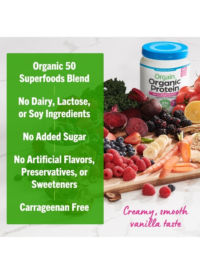 Organic Vegan Protein + 50 Superfoods Powder, Vanilla Bean - 21g Plant Based Protein, 8g Prebiotic Fiber, No Lactose Ingredients, Gluten Free, No Added Sugar, 1.12 lb (Packaging May Vary)