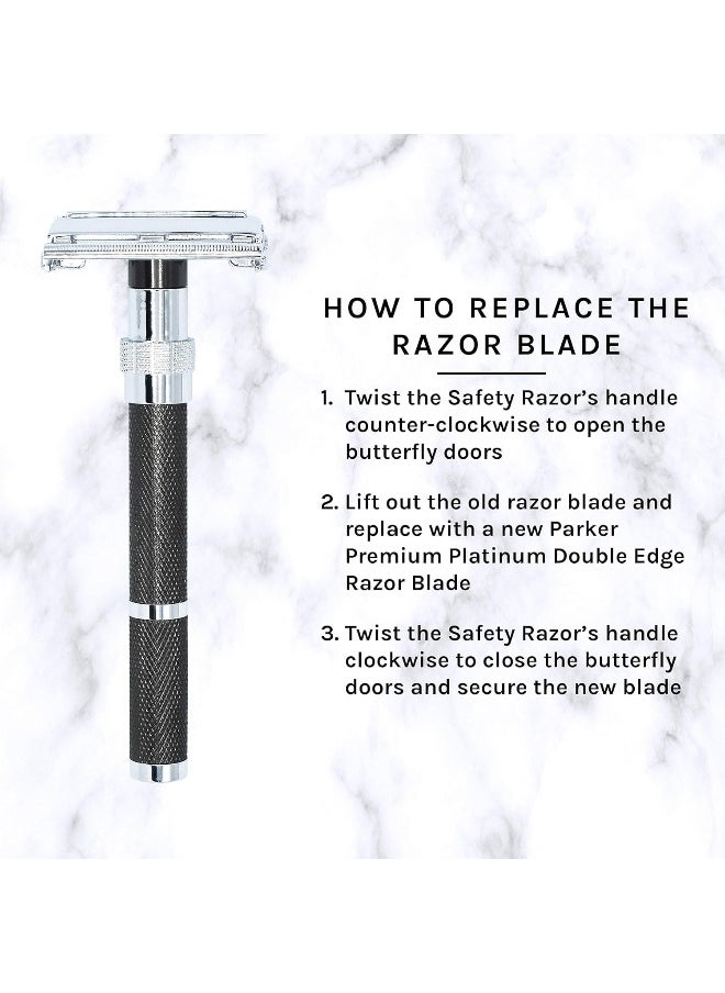 Parker, 96R Graphite Gray Long Handle Butterfly Open Double Edge Safety Razor for Men, 5 Parker Premium Platinum Double Edge Razor Blades Included
