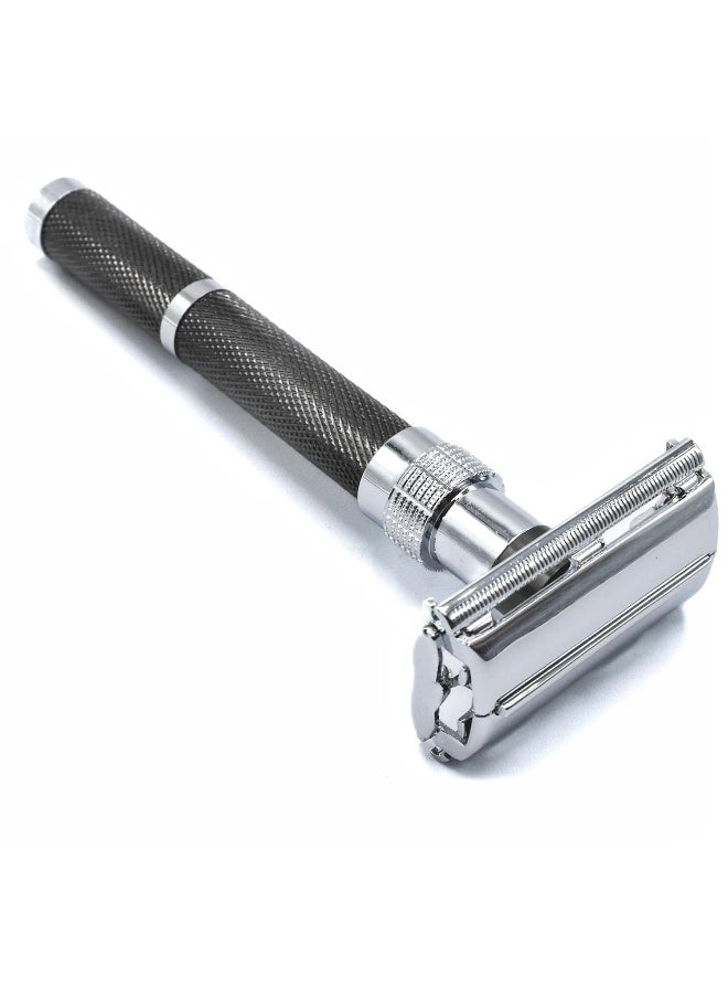 Parker, 96R Graphite Gray Long Handle Butterfly Open Double Edge Safety Razor for Men, 5 Parker Premium Platinum Double Edge Razor Blades Included
