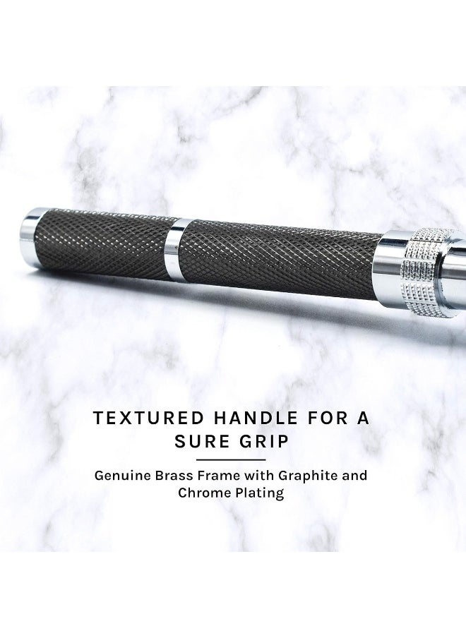 Parker, 96R Graphite Gray Long Handle Butterfly Open Double Edge Safety Razor for Men, 5 Parker Premium Platinum Double Edge Razor Blades Included