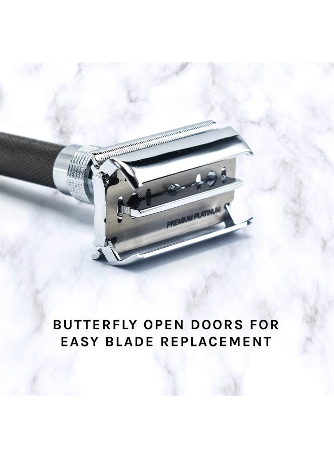 Parker, 96R Graphite Gray Long Handle Butterfly Open Double Edge Safety Razor for Men, 5 Parker Premium Platinum Double Edge Razor Blades Included