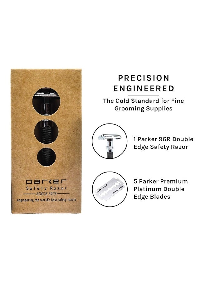 Parker, 96R Graphite Gray Long Handle Butterfly Open Double Edge Safety Razor for Men, 5 Parker Premium Platinum Double Edge Razor Blades Included