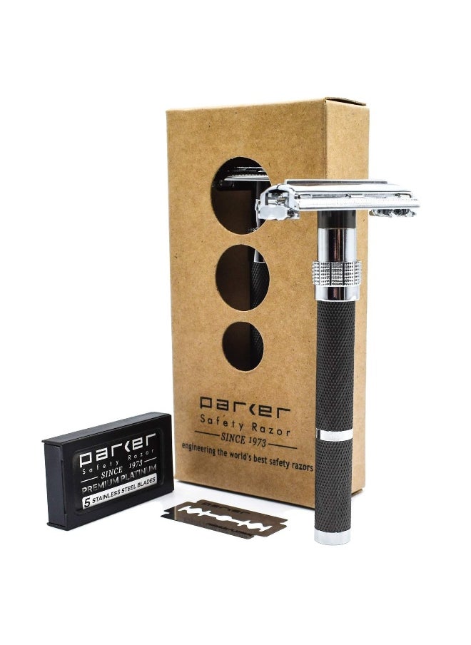 Parker, 96R Graphite Gray Long Handle Butterfly Open Double Edge Safety Razor for Men, 5 Parker Premium Platinum Double Edge Razor Blades Included