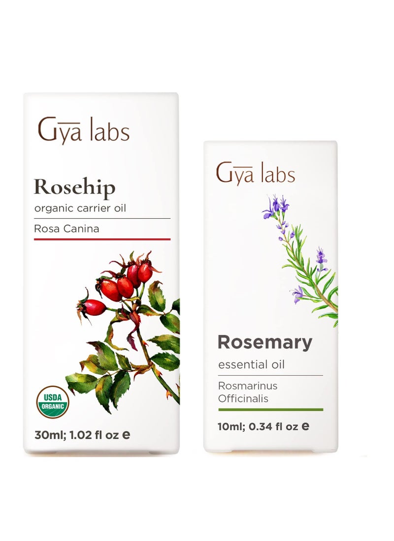 Gya Labs Rosehip Oil for Face (30ml) & Rosemary Oil for Hair (10ml) Set - 100% Natural Aromatherapy Grade Essential Oils Set