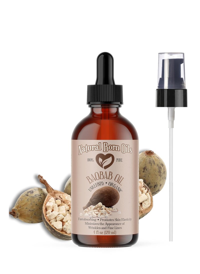 Natural Born Oils 4oz Baobab Oil, 100% Pure and Natural, Organic, Cold-pressed, Unrefined, Non-comedogenic, Moisturizing, Includes Pump & Dropper