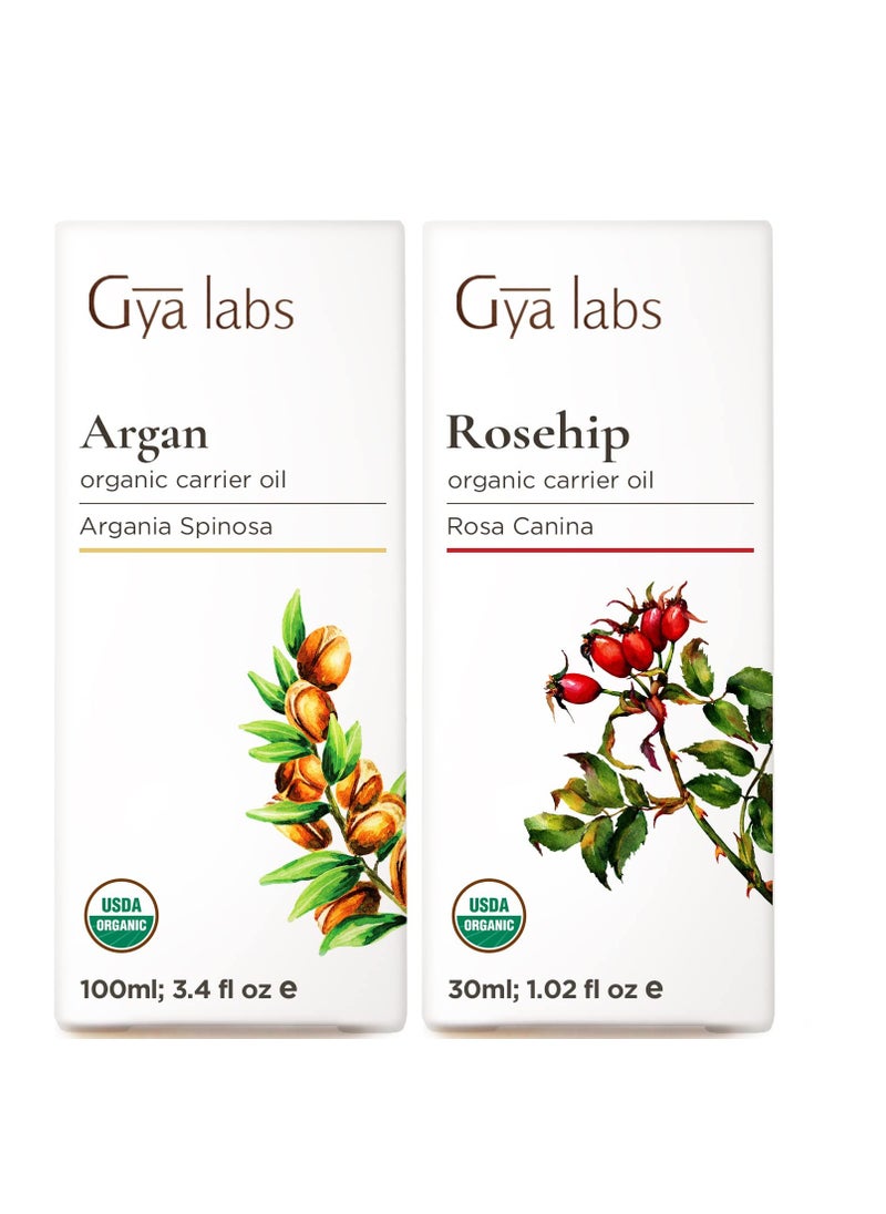 Gya Labs Argan Oil for Hair (3.4 fl oz) & Rosehip Oil for Face (1 fl oz) Set - 100% Natural Aromatherapy Grade Essential Oils Set