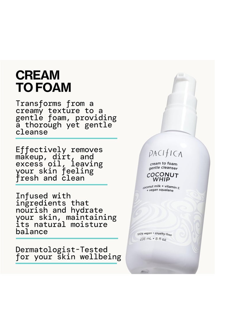 Pacifica Coconut Whip Cream to Foam Face Wash - Gentle Hydrating Facial Cleanser for Dry & Sensitive Skin, Moisturizing Daily Face Wash, Non-Comedogenic Vegan & Cruelty-Free, Dermatologist Tested 8oz