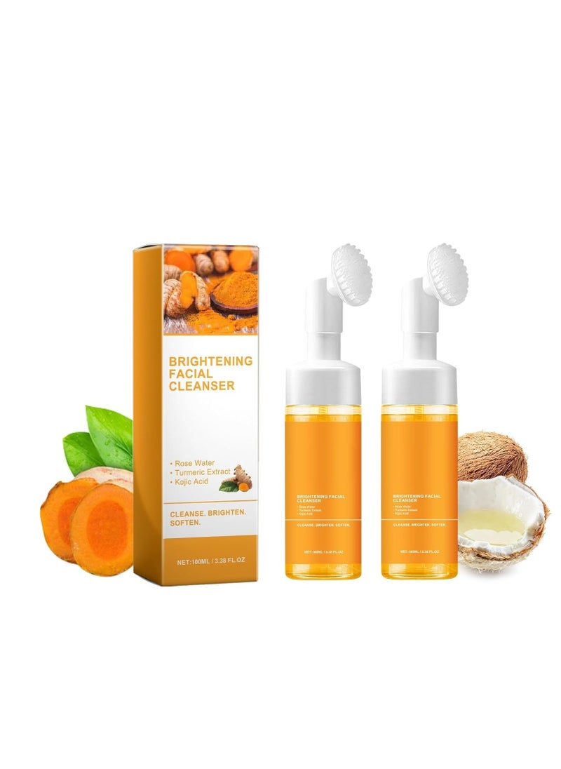 2 Pcs Turmeric Foaming Face Wash, Deep Cleansing Glow Wash Turmeric Facial Cleanser With Brush.