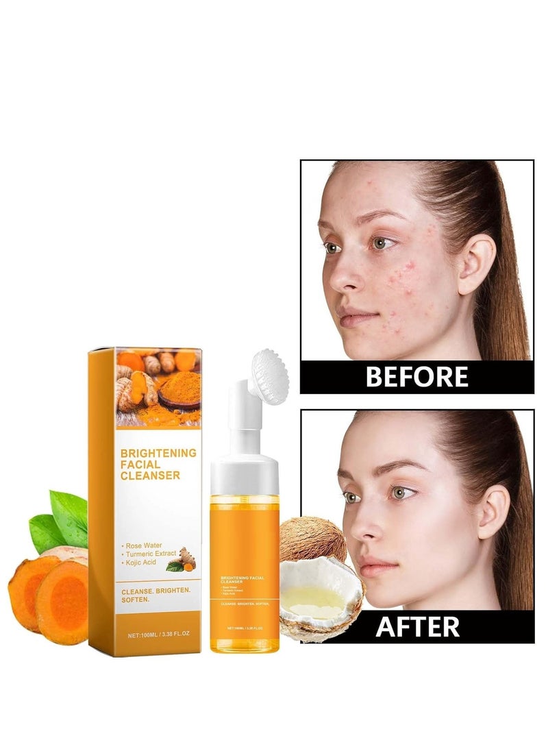 2 Pcs Turmeric Foaming Face Wash, Deep Cleansing Glow Wash Turmeric Facial Cleanser With Brush.