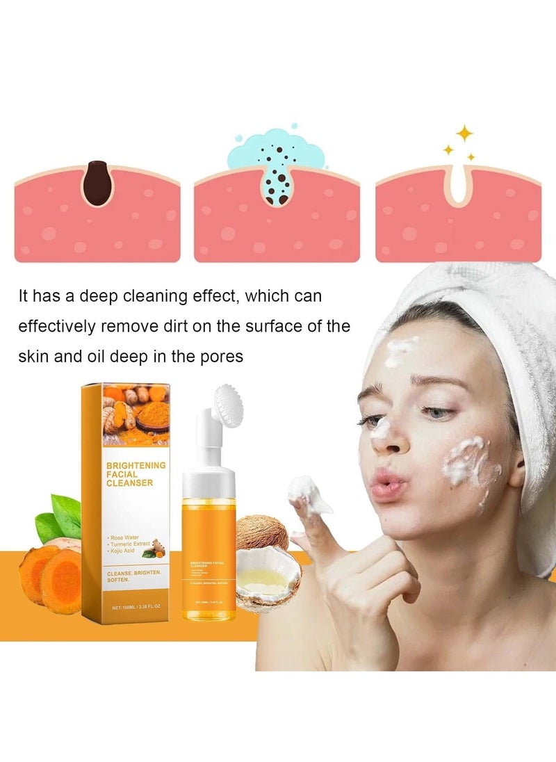 2 Pcs Turmeric Foaming Face Wash, Deep Cleansing Glow Wash Turmeric Facial Cleanser With Brush.