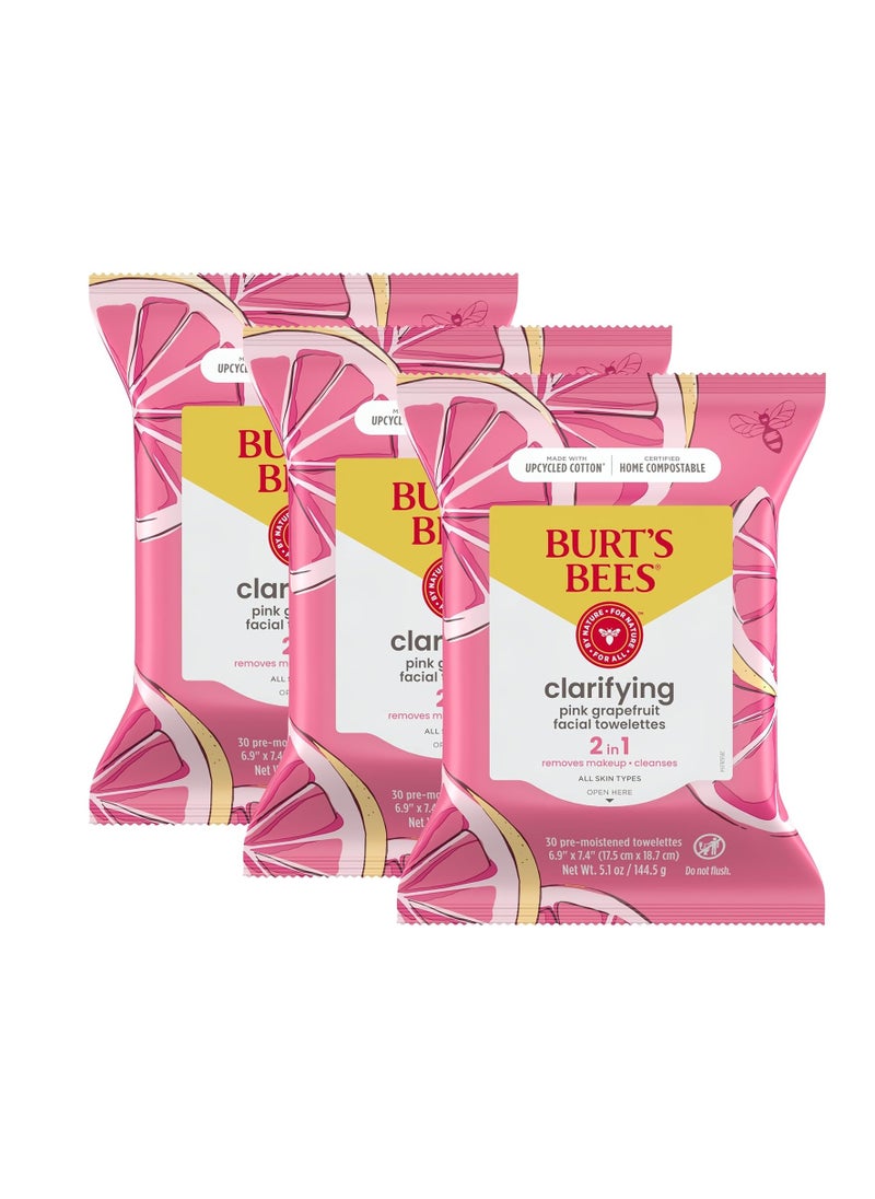 Burt's Bees Pink Grapefruit Face Wipes, for All Skin Types, Hydrating Makeup Remover & Facial Cleansing Towelettes, 30 Ct. (3-Pack)