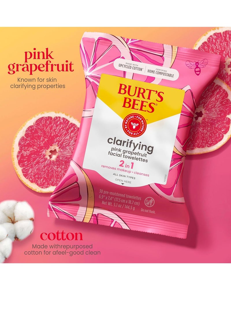 Burt's Bees Pink Grapefruit Face Wipes, for All Skin Types, Hydrating Makeup Remover & Facial Cleansing Towelettes, 30 Ct. (3-Pack)