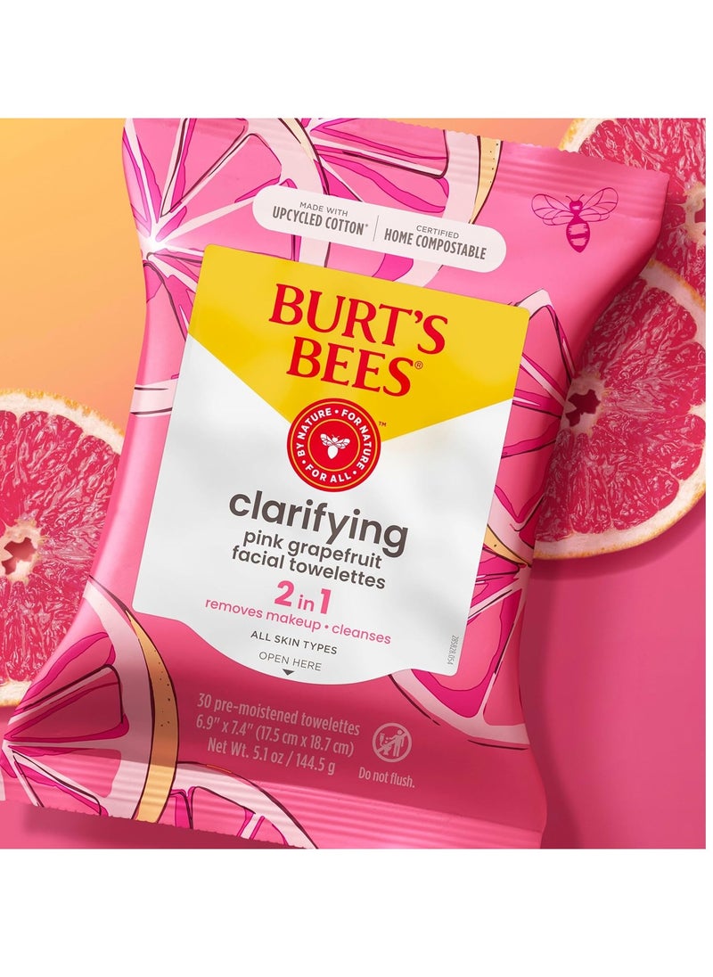 Burt's Bees Pink Grapefruit Face Wipes, for All Skin Types, Hydrating Makeup Remover & Facial Cleansing Towelettes, 30 Ct. (3-Pack)