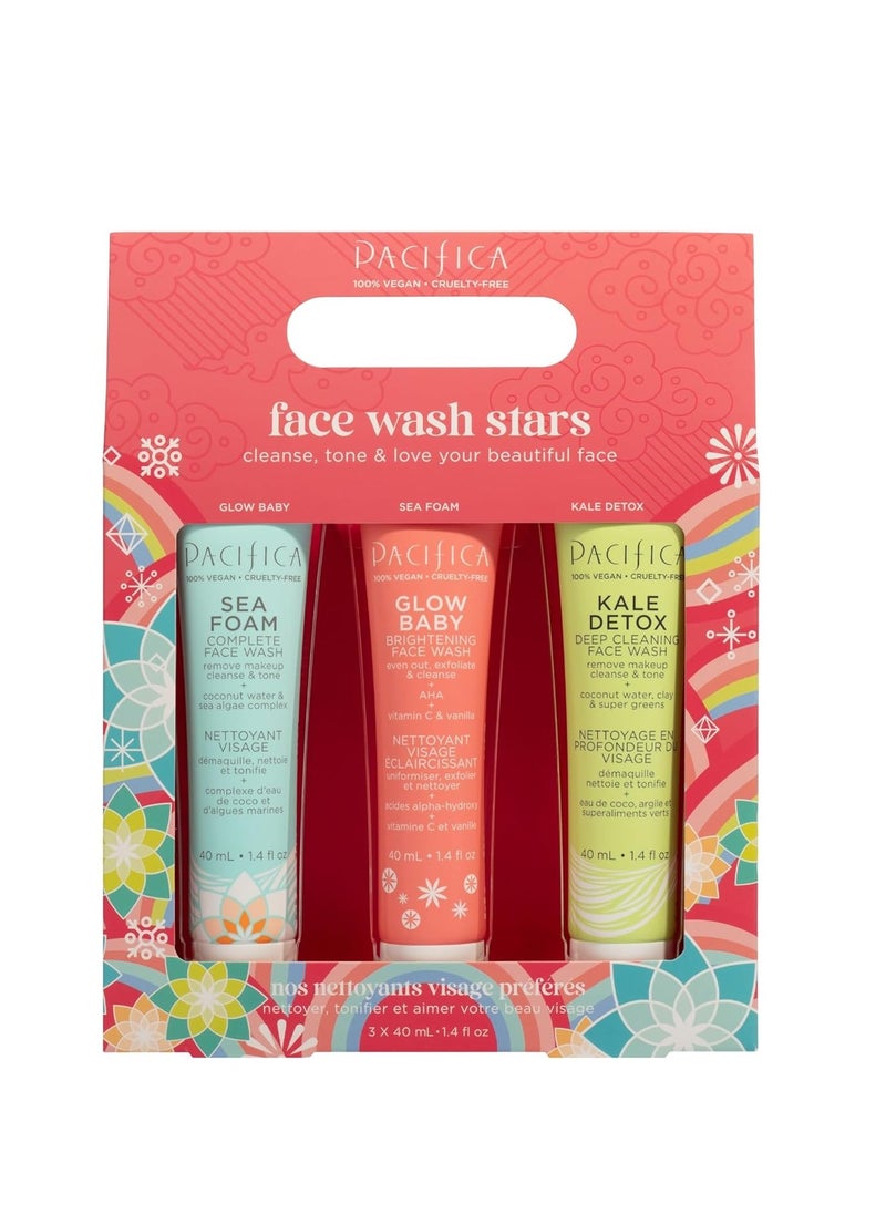 Pacifica Face Wash Set - Preppy Skincare Gift Set Value Kit for Holidays | Brightens, Tones and Deep Cleans |Glow Baby, Kale Detox and Sea Foam | 3 Pack