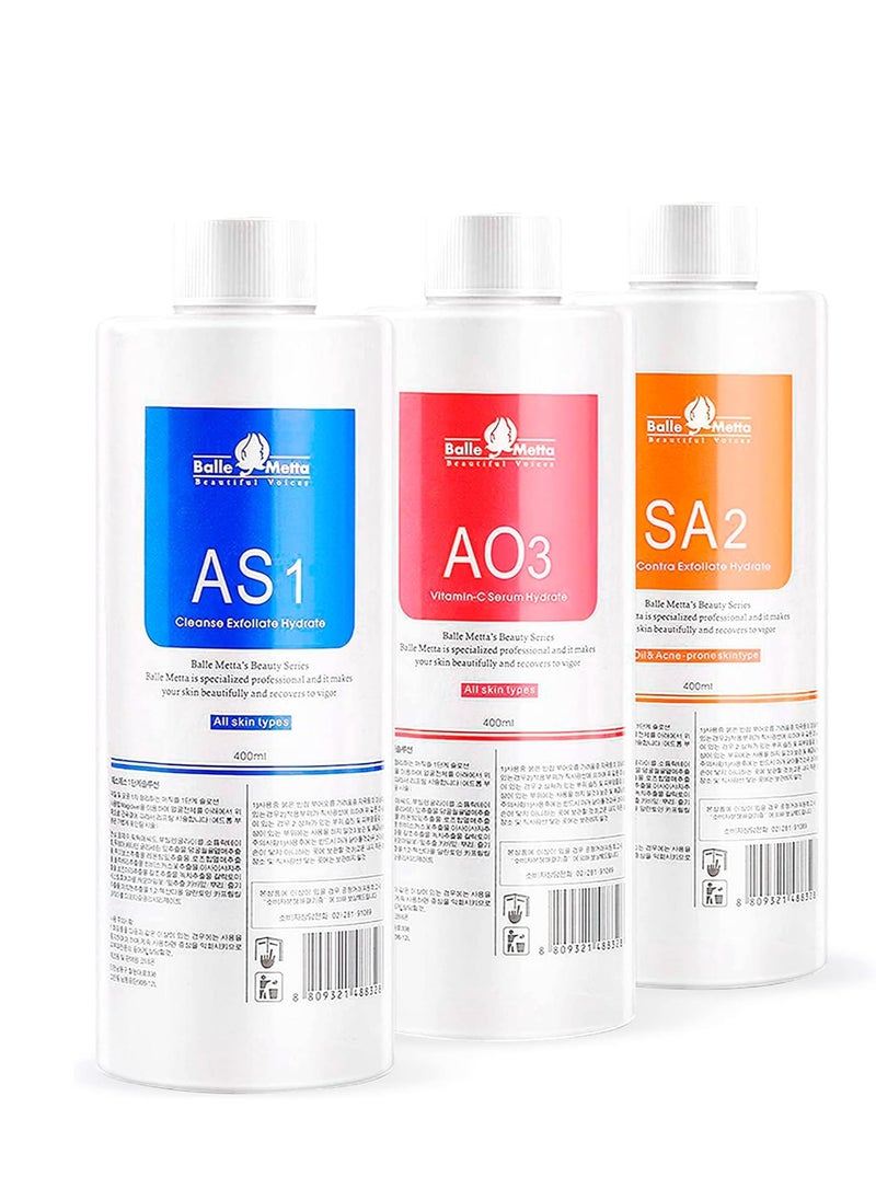 BRÜUN Hydrogen Oxygen Facial Machine Serums for Facial Cleansing – A Pack of 400ml 3 Aqua Peeling Solution AS1, SA2, and AO3 –Skin Care Hydra Solution for Vacuum face Cleaning Jet for Home and Spa