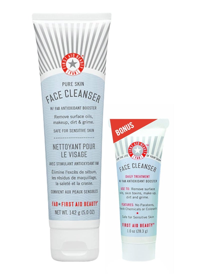 First Aid Beauty - Pure Skin Face Cleanser, Effectively Removes Makeup, Dirt, & Impurities, Gentle Cleanser Leaves Skin Soft & Supple, Safe for Sensitive Skin, Fragrance Free, 5 oz + Travel Size, 2ct