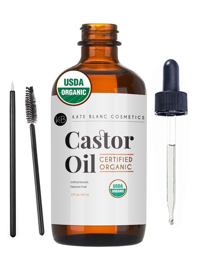 Castor Oil Organic (2oz), 100% Pure, Cold Pressed, Hexane Free. Natural Oil for Hair, Eyelashes, Eyebrows. Skin Moisturizer with Starter Kit